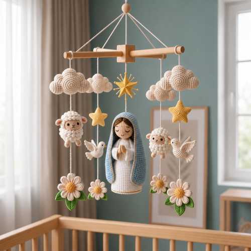 Handmade Crochet Baby Mobile, Virgin Mary Catholic Nursery Decor, Baptism Gift