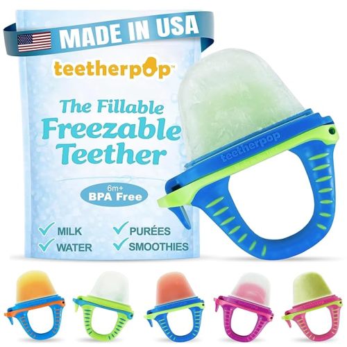 Fillable Freezable Teethers for Babies - Breastmilk Teether with Spill-Proof Sippy Slits – Teething Popsicle for Baby, Liquids & Purées, Cooling Teething Relief Feeder Pacifier - BlueLime