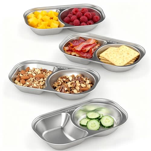 Bakpoco Stainless Steel Toddler Plates Set of 4, 2-compartment Kids Plates for Snack Portion Control, Small Divided Plate for Baby Feeding & Adults Camping, Non-toxic Dishwasher Safe Metal Dish