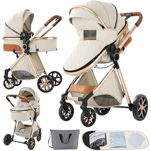 2 in 1 Baby Stroller, Convertible Foldable Standard Stroller, Reversible Pushchair Infant Buggy Carriage, Portable High Landscape Pram for Toddler Newborn, Aluminum Alloy (225 Creamy White)