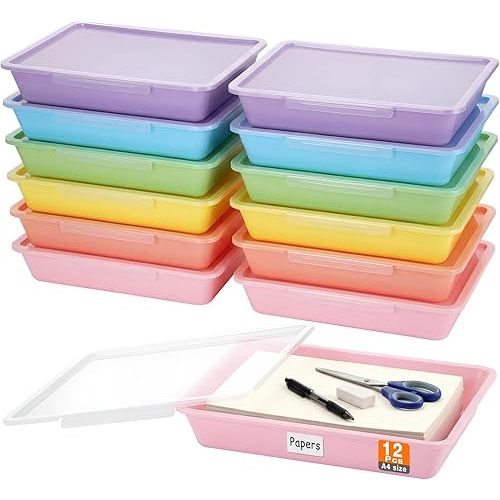 Tinlade 12 Pcs Paper Storage Bin with Clear Latching Lid, Label Colored Plastic Stackable Letter Size Flat Tray Container Classroom Home Office School Teacher Arts Crafts Sorting (Macaron,13x10in)
