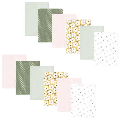 Hudson Baby Infant Girl Flannel Burp Cloth 12pk, Sage Floral, One Size