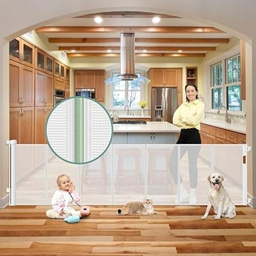Reinforced 100 Inch Retractable Baby Gates for Doorways Extra Wide to Prevent Crawling Through, 8 ft Extra Long Retractable Pet Gate for Dogs, Safety Outdoor Baby Gate for Deck, Porch, Patio, White