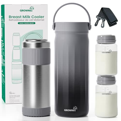 Grownsy 22oz Portable Breast Milk Cooler, 360° Stainless Steel Chiller Keeps Breastmilk Fresh for 24H, No Ice Crystals,Milk Cooler with 2 Baby Bottles for Work & Travel, Baby Breastfeeding Essential