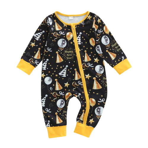 newwalpole Newborn Infant Baby Boy New Year Clothes Balloon Firework Print Zipper Long Sleeve Romper Jumpsuit One-Piece Outfit Black for Size 3-6 Months
