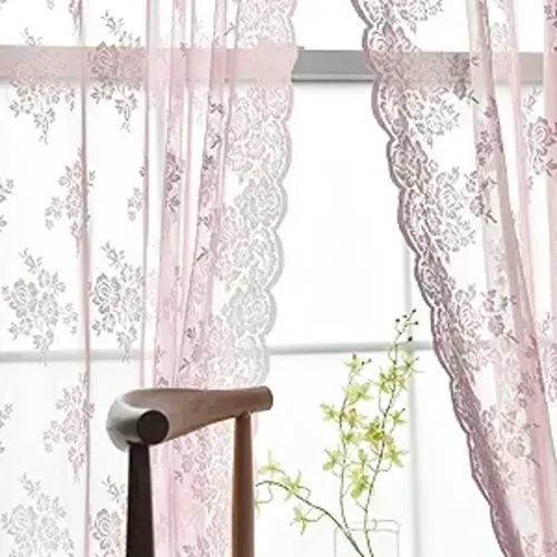 Kotile Pink Lace Curtains 84 Inches Long 2 Panels Set, Vintage Pink Floral Sheer Lace Curtains for Girls Bedroom, Privacy Grommet Lace Sheer Curtains for Windows, 52 x 84 Inch, Pink