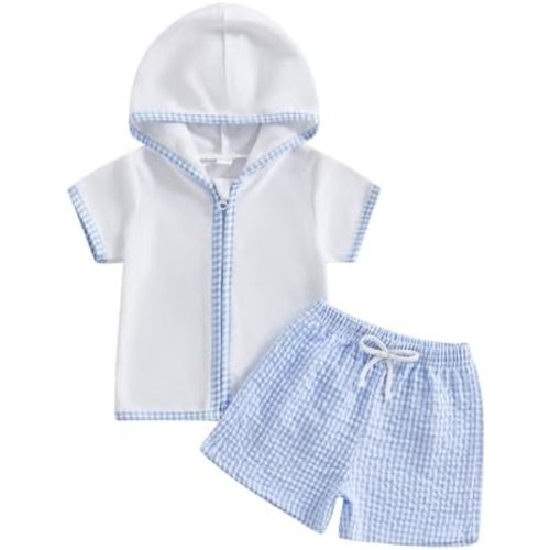 Toddler Baby Boy Girl Swim Cover Up Towel Terry Zipper Hooded Tops Seersucker Gingham Shorts Set Bathing Suit Coverup