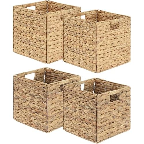 Foldable Wicker Storage Baskets 4-Pack, 11.2 Inch Collapsible Woven Cube Organizer Bins, Hyacinth Storage Baskets for Home, Shelf, Closet, Office Organization