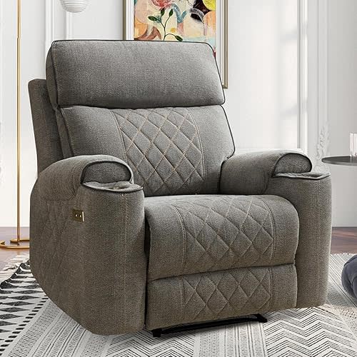 Electric Recliner Chair, Soft Fabric Power Recliners with Metal Cup Holders, Single Overstuffed Heavy Duty Reclining Sofa Chairs for Living Room Bedroom, Light Grey