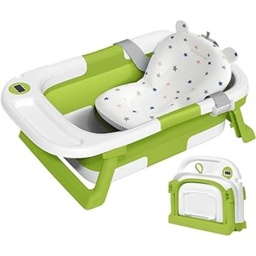 Collapsible Baby Bathtub,Baby Bath Tub with Thermometer & Soft Cushion,Baby Bathtub for Newborn to Toddler 0-36 Months,Portable Travel Baby Tub with No-Slip Feet,Baby Shower Gifts,Green