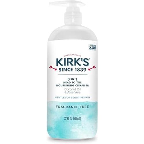 Kirk's 3-in-1 Head to Toe Nourishing Liquid Cleanser- for Men, Women & Children - Premium Coconut Oil & Aloe Vera- Non GMO & Vegan -Fragrance Free - 32 Fl Oz.