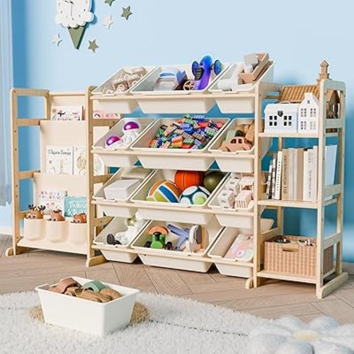 Large Toy Storage Organizer with 12 Bins, 4-Tier Bookshelf & 3 Side Shelves, 59" Wide Kids Room Organization, Easy Assembly for Playroom, Bedroom, Nursery Room, White