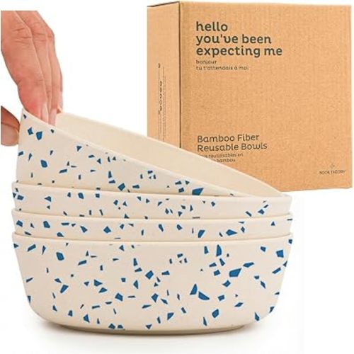 Nook Theory 4 Pack Bamboo Bowls - 18 Oz Reusable Toddler and Kids Bowl, Dishwasher Safe - Not Microwavable Bamboo Dishes (Terrablue)