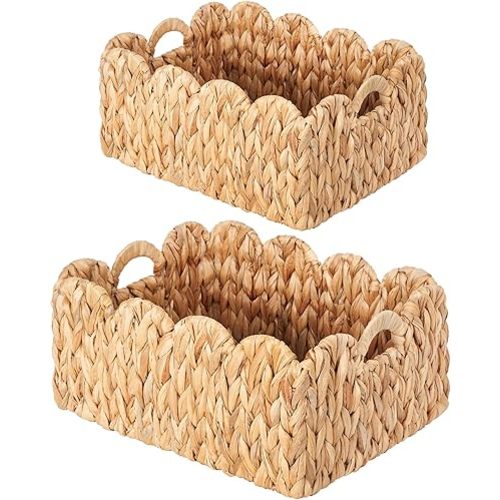 Scalloped Basket Wicker & Rattan Storage Basket with Built-in Handles, Large Woven Water Hyacinth for Nursery & Bathroom Organization 2 Pack