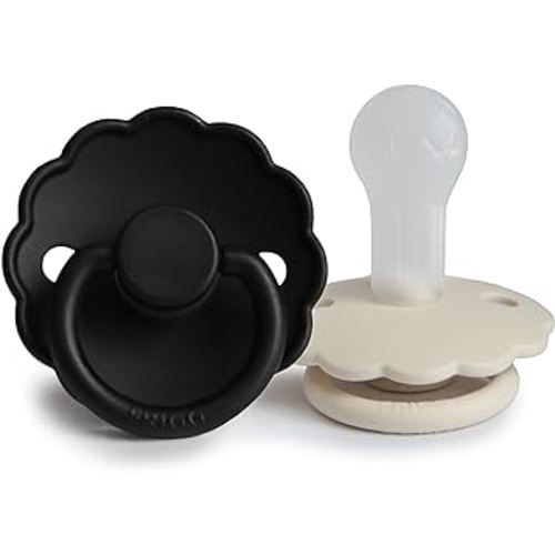 FRIGG Daisy SilkySoft Silicone Baby Pacifier | Made in Denmark | BPA-Free (Jet Black/Cream, 6-18 Months)