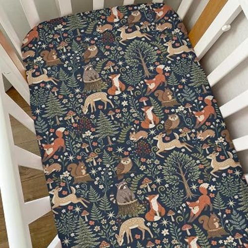 Winter Animals Baby Crib Sheets for Boy Girl Deer Raccoon Fox Owl Bunny Pine Trees Mushroom Soft Snug Fitted Crib Mattress Covers Fit 52''x28'' Standard Crib & Toddler Mattress Wild Animals Bed Sheets