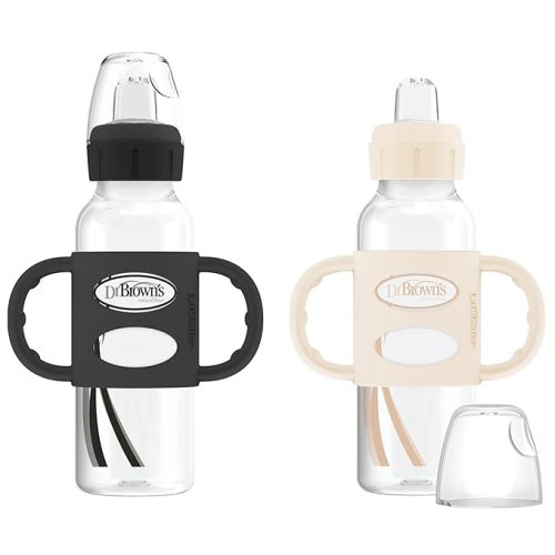 Dr. Brown's Milestones Narrow Sippy Spout Bottle with 100% Silicone Handles, Easy-Grip Handles with Soft Sippy Spout, 8oz/250mL, Black & Ecru, 2 Count (Pack of 1), 6m+