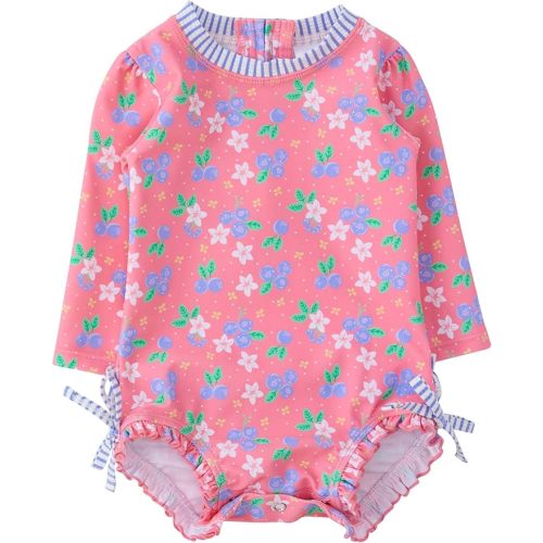 RuffleButts Baby Girls UPF 50+ Sun Protection Floral Printed Long Sleeve One Piece Rash Guard Swimsuit with Zipper