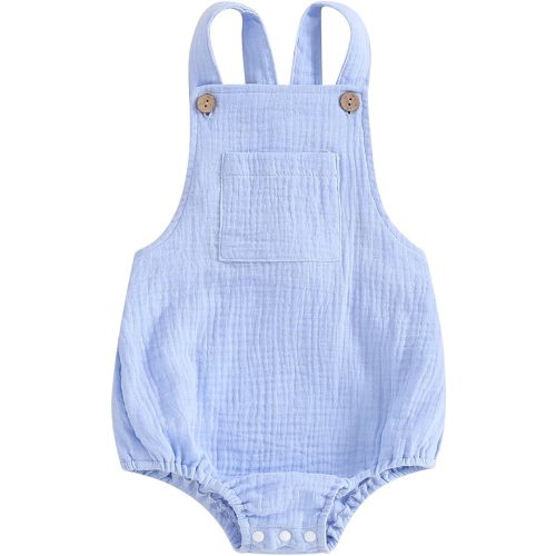 Sasaerucure Baby Cotton Linen Overalls Solid Color Sleeveless Square Neck Backless Romper for Boys Girls