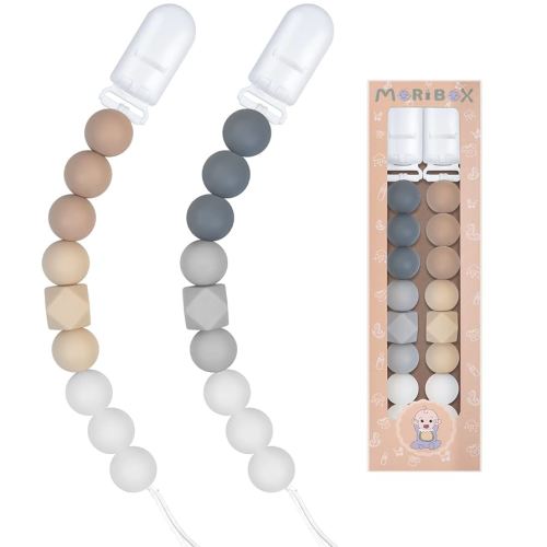 Pacifier Clips for Baby Boys Girls 2 Pack (Beige Grey)