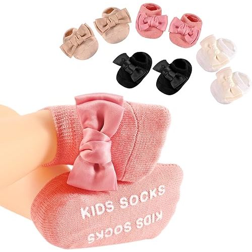 SAOROPEB 4-Pair Baby Girls Socks, Non-Slip Grips for Babies Toddler, Ankle Socks for Girls