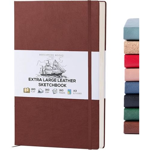 Beechmore Books A3 Sketchbook – 11.7x16.5 Premium Vegan Leather Bound Large Sketch Book Hardcover with 160 Thick 160gsm Perforated Ivory Pages, Blank Sketch Pad Gift Boxed Back Pocket Ribbon Bookmark