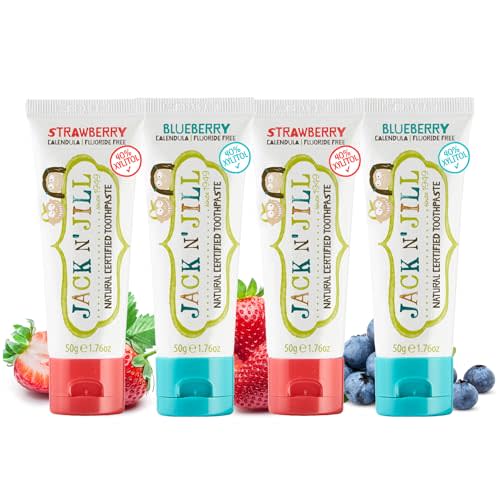 Jack N' Jill Natural Toothpaste for Baby and Infants - Fluoride Free Training Toothpaste, 40% Xylitol, BPA Free - Strawberry & Blueberry, 1.76 oz (Pack of 4)