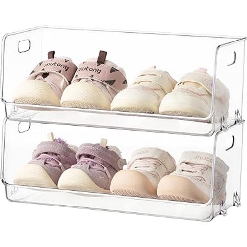 HBlife Clear Acrylic Kids Shoe Rack Baby Toddler Shoe Storage Organizer for Closet Floor Entryway Bedroom, 2 Tier Stackable Small Shoe Rack Shelf Display Stand