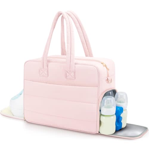 Breast Pump Bag with Insulated Breast Milk Cooler Pocket, Fits Spectra S1/S2 & Most Pumps, Water‑Resistant Work & Travel Tote with 15.6" Laptop Sleeve, Stroller Straps, Luggage Sleeve & Ice Pack, Pink