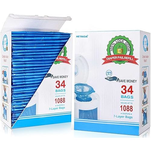 Diaper Pail Refill Bags 34 Bags 1088 Counts Compatible with Arm&Hammer Disposal System, 100% Lock Odor, Seal and Toss Diaper Pail Refills