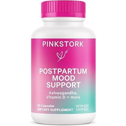 Pink Stork Postpartum Mood Support - Postnatal Hormone Balance for Women - Breastfeeding Friendly - Stress & Cognitive Support, New Mom Essentials - Ashwagandha, Chamomile, & Vitamin D, 60 Capsules