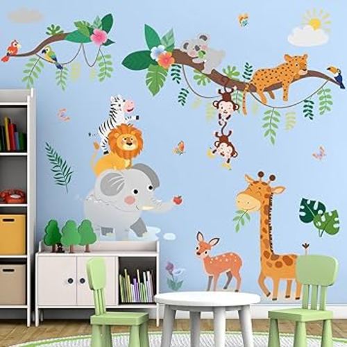 SHUCHING Jungle Animals Tree Branch Wall Decals Peel and Stick, Vinyl Elephant Lion Giraffe Safari Wall Sticker, Wall Decor Art Home Decoration for Baby Nursery Kids Bedroom