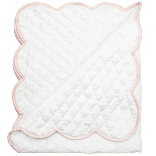 Lenora | Quilted Satin Baby Blanket in White with Pink Trim