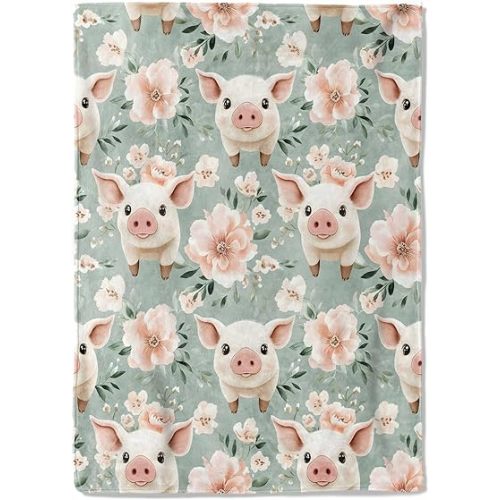 Cute Pig Fleece Blanket - 40x50in Adorable Piglet and Floral Throw Blankets,Soft Cozy Lightweight, Ideal for Living Room Home Farmhouse Decor and Kids Women Girls Gifts