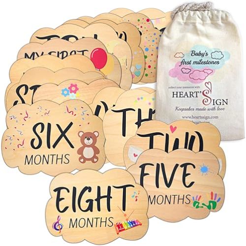 Heart's Sign Baby Monthly Milestone Cards - Hello World Newborn Sign | Cloud-Shaped Wooden Monthly Milestone Discs | Baby Monthly Milestone Wood Discs | Newborn Gift Set (Monthly Set)