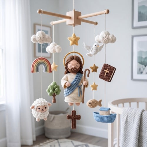 Crochet Jesus Baby Mobile, Christian Nursery Decor, Handmade Crib Mobile, Christian Baby Shower Gift