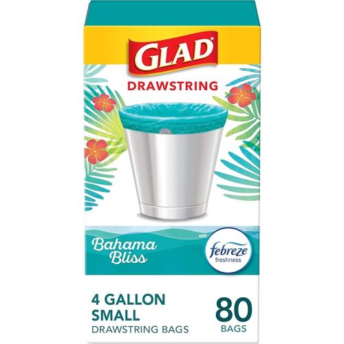 Glad Small Trash Bags, Great for Office, Bathrooms and Bedroom Bins, Bahama Bliss Scented Garbage Bags, Odor Resistant with Drawstring, Febreze Freshness, 4 Gallon Trash Bags, 80 Count