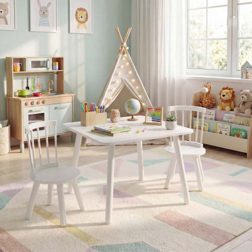 ELLEGNT 3-Piece Toddler Play Furniture – Solid Pine Wood Frame, Curved Backrest, Round Seats for Kids’ Room, White