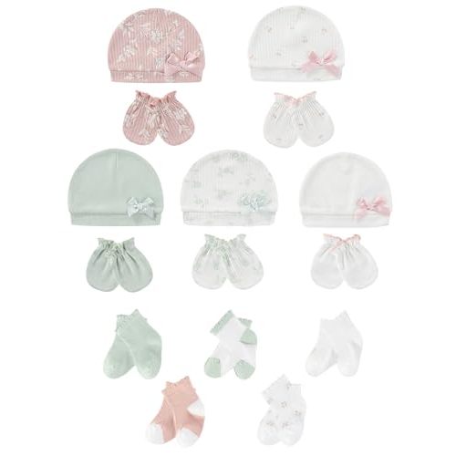 Baby Hats Mittens and Socks Set Soft Cotton Newborn Hat Glove for Boys Girls 0-6 Month