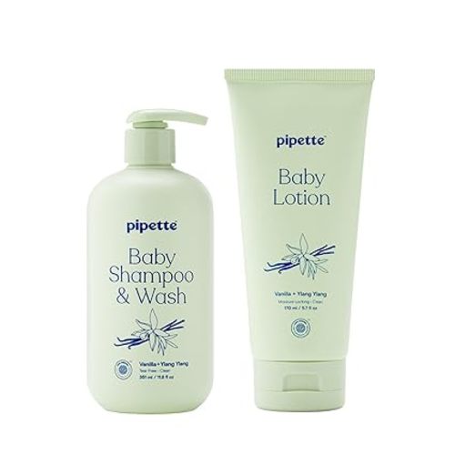 Pipette Vanilla + Ylang Ylang Wash and Lotion Duo, Pack of 2, Clean, Includes Baby Body Wash and Lotion for Newborns and Kids, Tear-Free Bath Time, Baby Bath and Newborn Essentials, Non-toxic