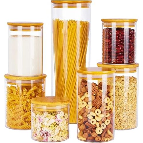 Vtopmart Glass Food Storage Jars, 7 Pack Kitchen Containers with Airtight Bamboo Wooden Lids for Pasta, Cookies, Nuts, Coffee Beans, Cereal, Canisters Set for Flour, Pantry Organization, BPA Free