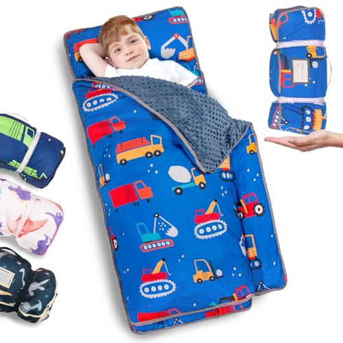 Primlect Thickened Toddler Nap Mat with Removable Pillow and Minky Blanket, Extra Large 55''x35'' Sleeping Bag, Washable, Roll up, Perfect for Daycare, Preschool, Kindergarten, Boys and Girls Blue Car