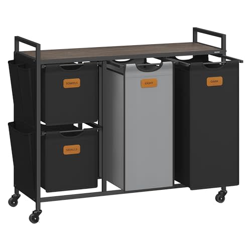 VASAGLE Laundry Hamper with 4 Compartments, 39.6 Gal. (150 L) Laundry Sorter, Rolling Laundry Cart with Shelves, Small Side Pockets, 6 Labels, Chestnut Brown, Ink Black and Dove Gray UBLH203B01