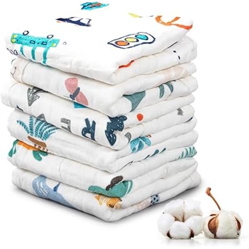 Muslin Burp Cloths Baby, 6 Pack Baby Burp Cloths, 100% Cotton Burp Cloths 20X10in Muslin Cloth 6 Layers Absorbent Baby Cloth Baby Washcloths Baby Essentials