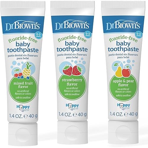 Dr. Brown’s Fluoride-Free Baby Toothpaste, Infant & Toddler Oral Care, Variety 3-Pack, Apple-Pear, Strawberry, Mixed Fruit Flavors, 1.4oz/40g, 0-3 Years