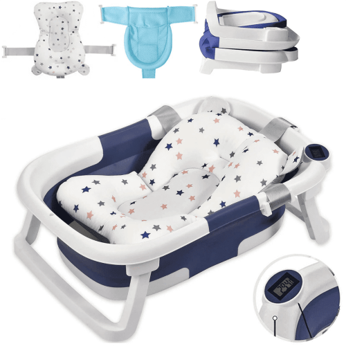 TOPCHANCES Folding Baby Bathtub, Travel Bathtub Newborn Bath Tub with Bath Cushion & Bath Net for Infants to Toddler, Blue