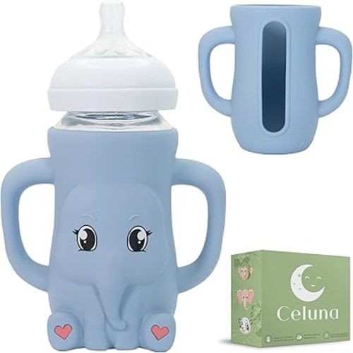 Silicone Bottle Sleeve for 8oz Philips Avent Natural Glass Bottle | Drop Protector + Easy Grip Handles | BPA Free Safe Material | Baby Bottle Not Included | Blue Elephant