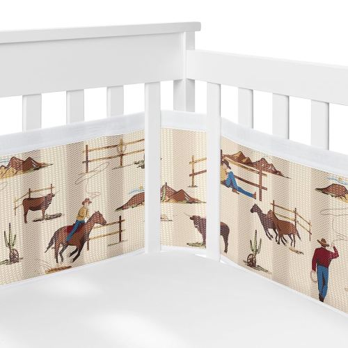 Sweet Jojo Designs + BreathableBaby Tan Brown Western Cowboy Boy Girl Gender Neutral Breathable Mesh Crib Liner Baby Infant Wild West Southern Horse Cow Animal Desert Brown Red White Blue