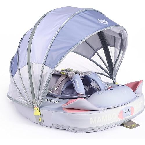 Mambobaby No-Flip Baby Pool Float with Canopy & Tail Non-Inflatable Swim Float for Infants, Pearl-Foam, UPF 50+ & Adjustable Safety Five-Way Harness, Skin-Friendly for Boys Girls 3-24 Months
