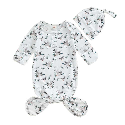 Musuos Newborn Baby Knotted Gown with Hat 0-3M Long Sleeve Duck Print Sleeper Sleeping Bag Cap Set for Boys Girls